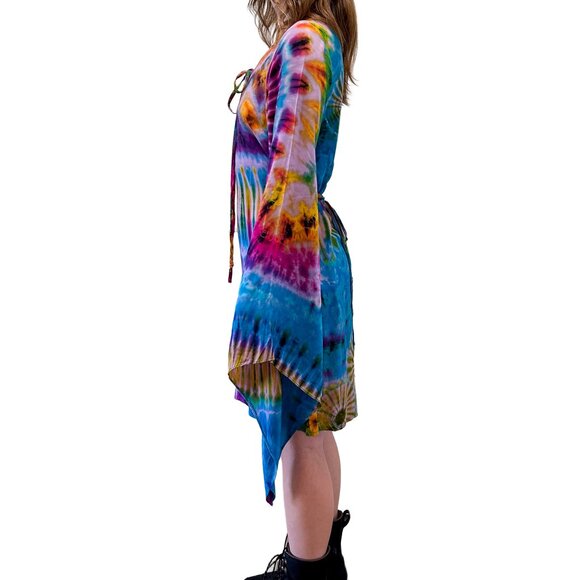 Tie Dye Hippie Wook Festival Bell Sleeve Psychedelic Priestess Mini Dress - Picture 5 of 8